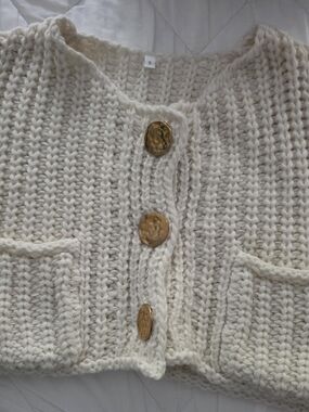 Cream Chunky Knit Pocket Cardigan with Gold Buttons